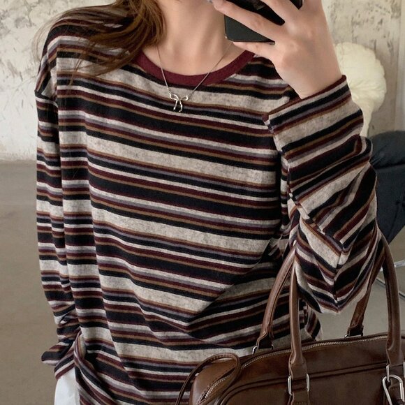 Burgundy Women's Casual Preppy Striped Print Crew Neck T-Shirt - Picture 7 of 8